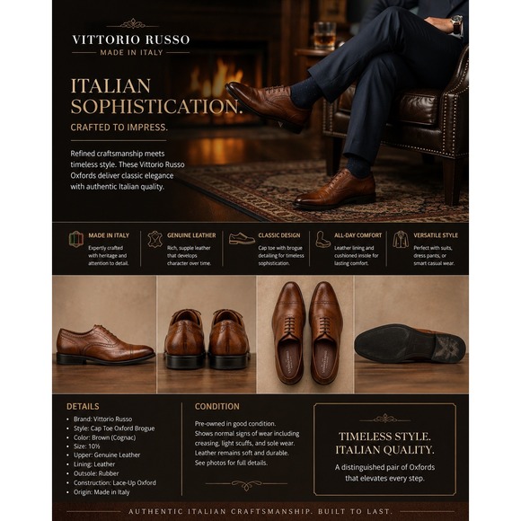 Vittorio Russo Other - Vittorio Russo Men's Brown Leather Cap Toe Oxford Brogue Dress Shoes Italy 10½